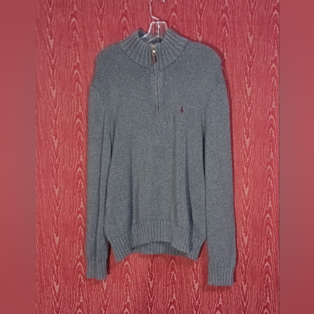Polo Ralph Lauren Gray Long Sleeve 1/4 Zip Mock Neck Sweater Men's Sz Lg